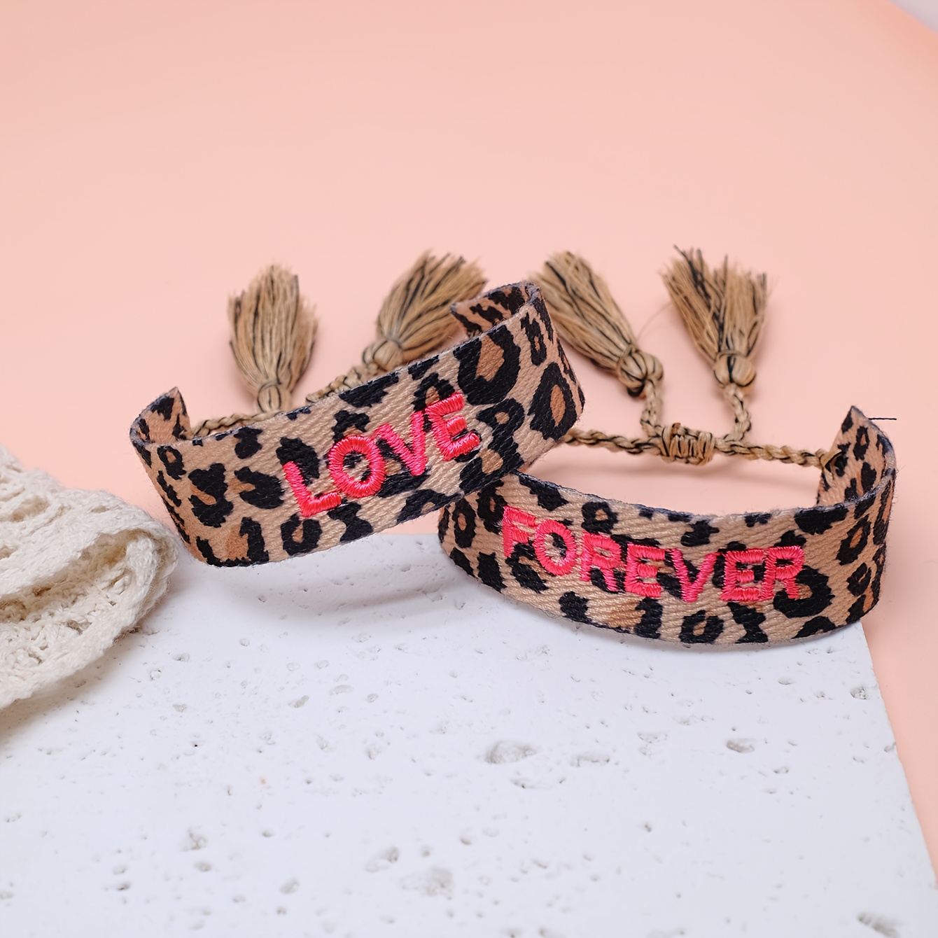 Image of A Set Of 2 Letter Bracelets Embroidered And Forever, Handcrafted With A Leopard Print Design, Perfect As A Fashionable Gift For During Holidays
