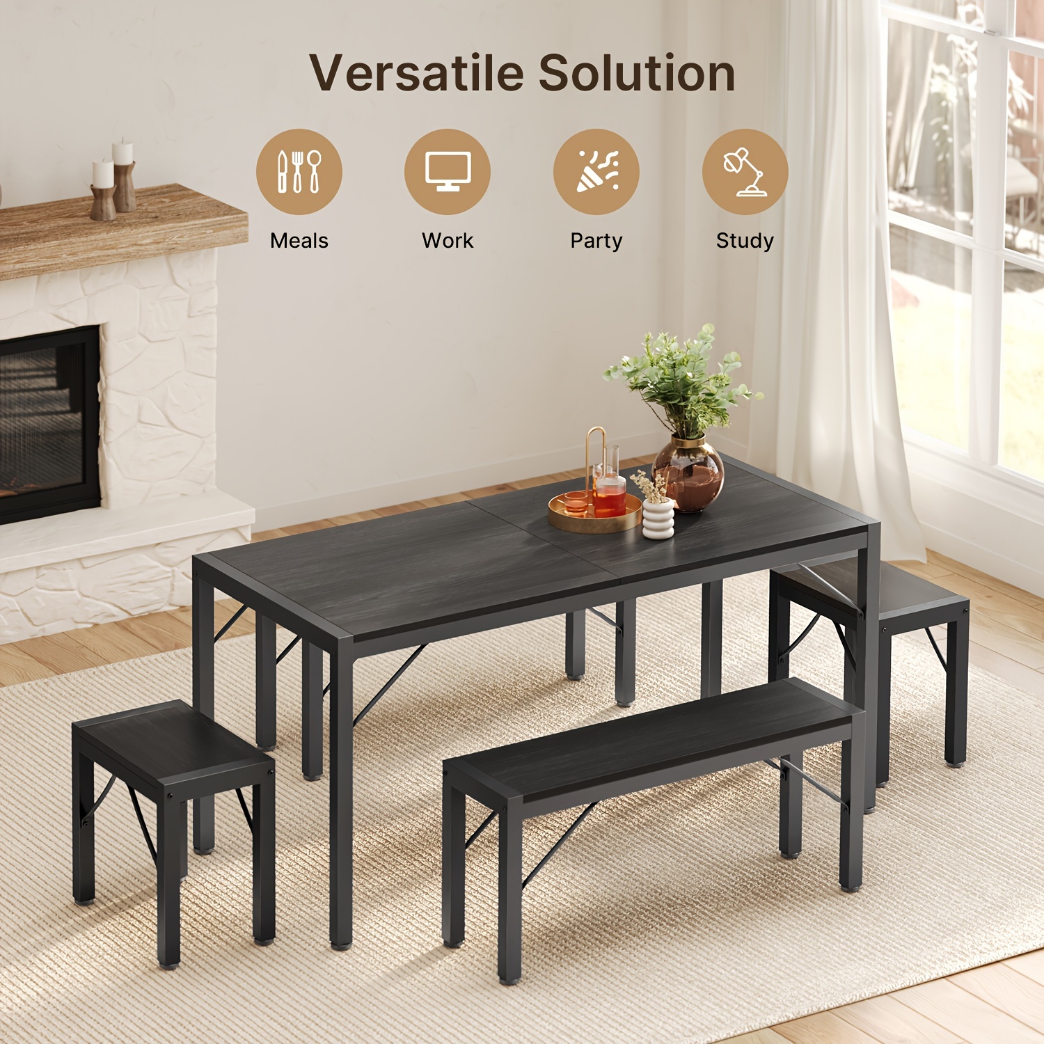 Non-Folding 5pcs Indoor & Outdoor Dining Table Set, 6 Seater Patio Kitchen Table with 2 Benches & 2 Stools, Industrial Space-Saving Set for Picnic, Camping, Backyard