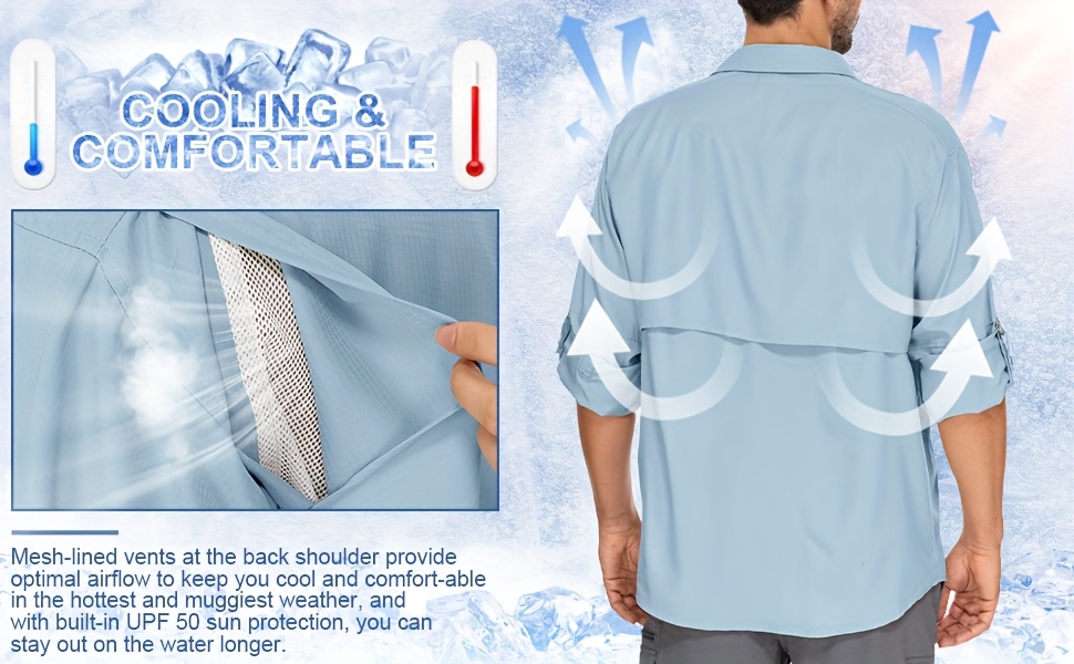 Men'S Summer Outdoor Sun Shirt, Quick Dry Lightweight Breathable Cooling Work Shirts, Long Sleeve UPF 50+ UV Protection Work Wear, Casual Button Cargo Shirts With Pocket, Lapel Collar, Regular Fit For Fishing, Hiking, Safari, Beach, Everyday Use