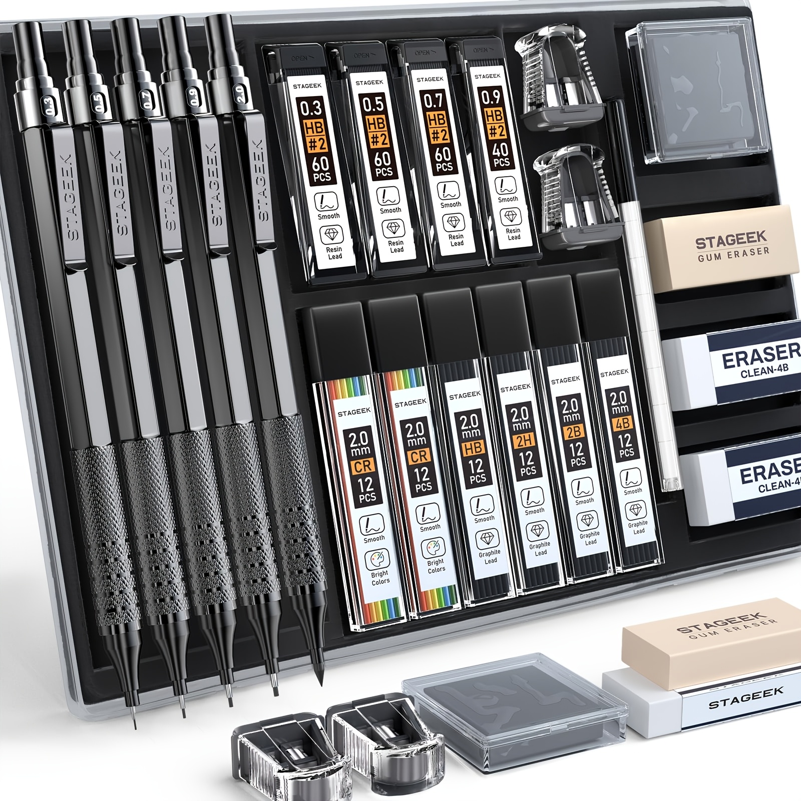 TEMU 21pcs Metal Mechanical Pencil Set, Art Lead Pencil 0.3, 0.5, 0.7, 0.9, 2mm Holder (hb 2h 2b 4b Color) With 10 Tubes Graphite Lead Refills Eraser