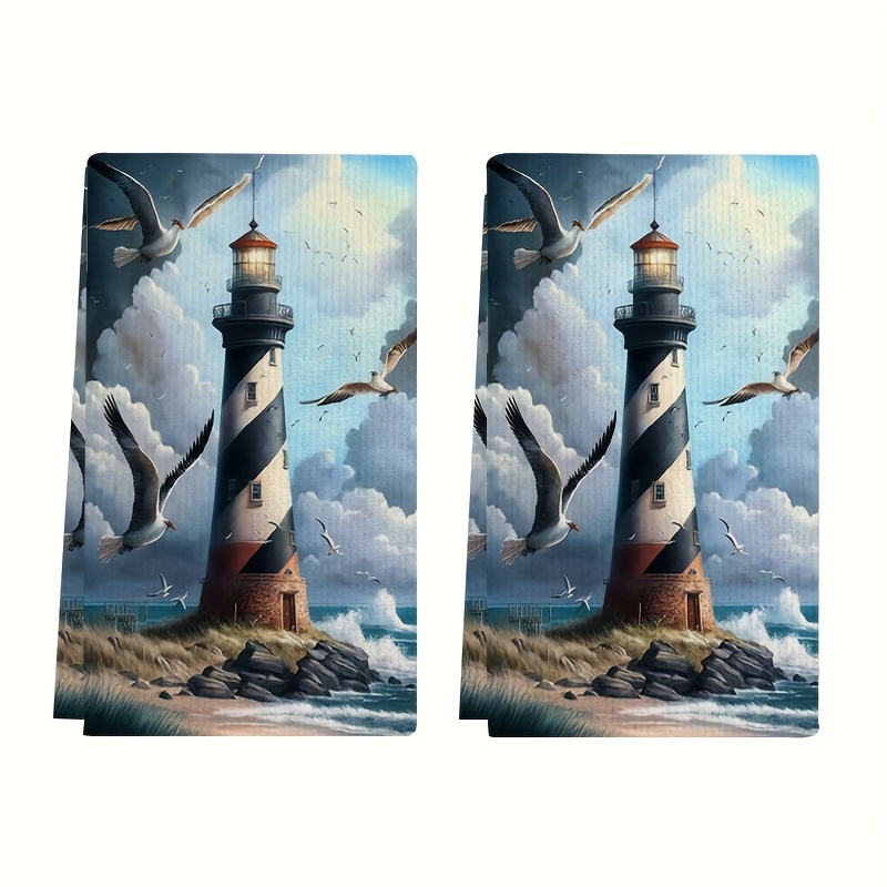 

2-piece Set Coastal Lighthouse & Seagull Print Microfiber Towels - Quick-dry, Absorbent Kitchen & Bathroom Towels, Perfect For All Seasons