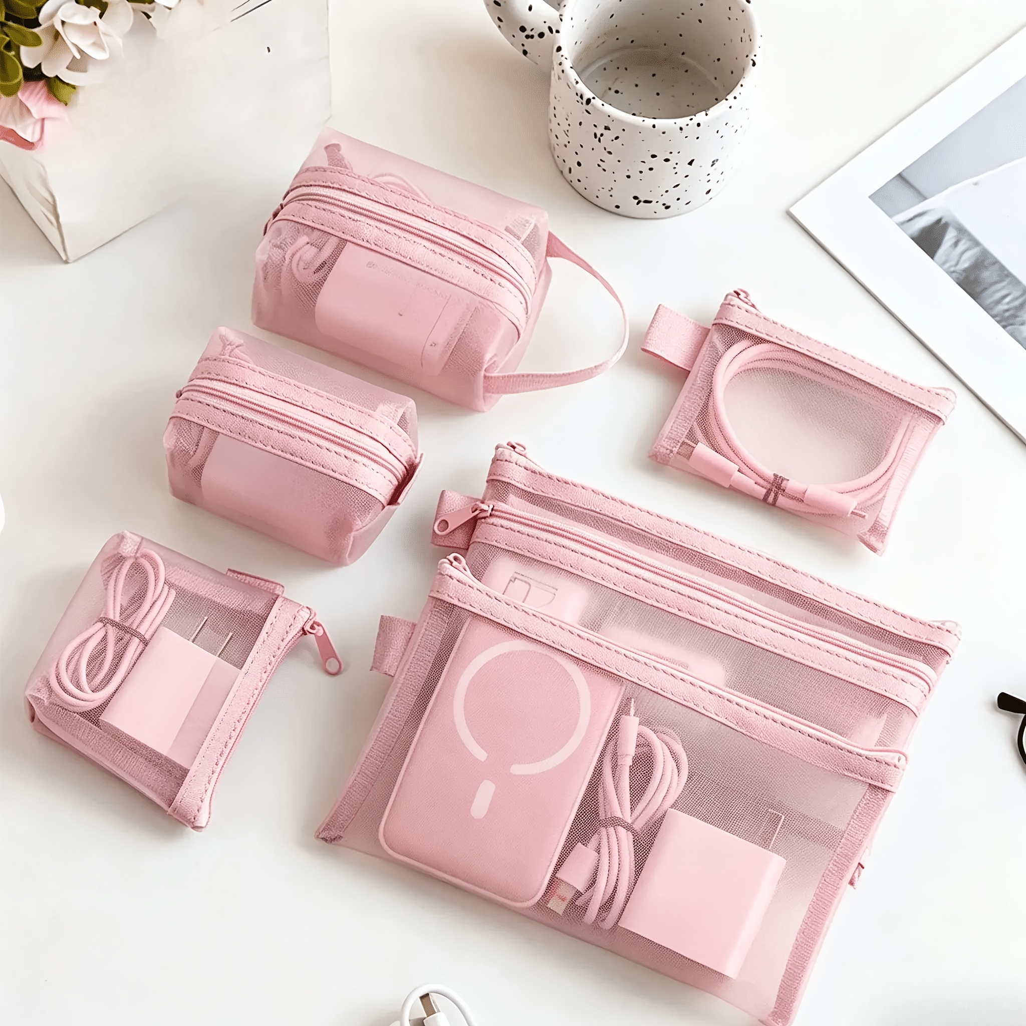 TEMU Ensemble de 6 sacs en transparente, 4 couleurs (Rose, Violet, , Vert), Organisateur de pièces et de petits objets, Porte-cartes portable 3D,