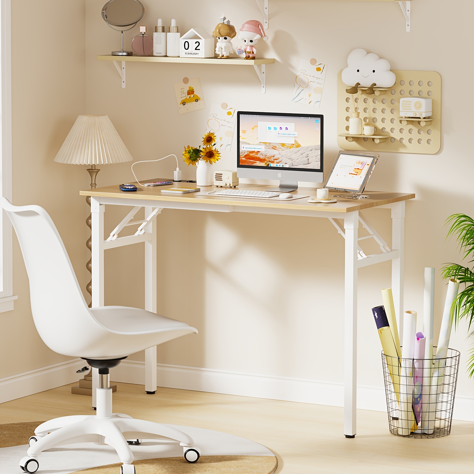 Image of Folding Desk 100x50cm Computer Desk Office Furniture Pc Desk, Sturdy Office Table Conference Table Foldable For Home, Office, Picnic, Garden, Light Oak And