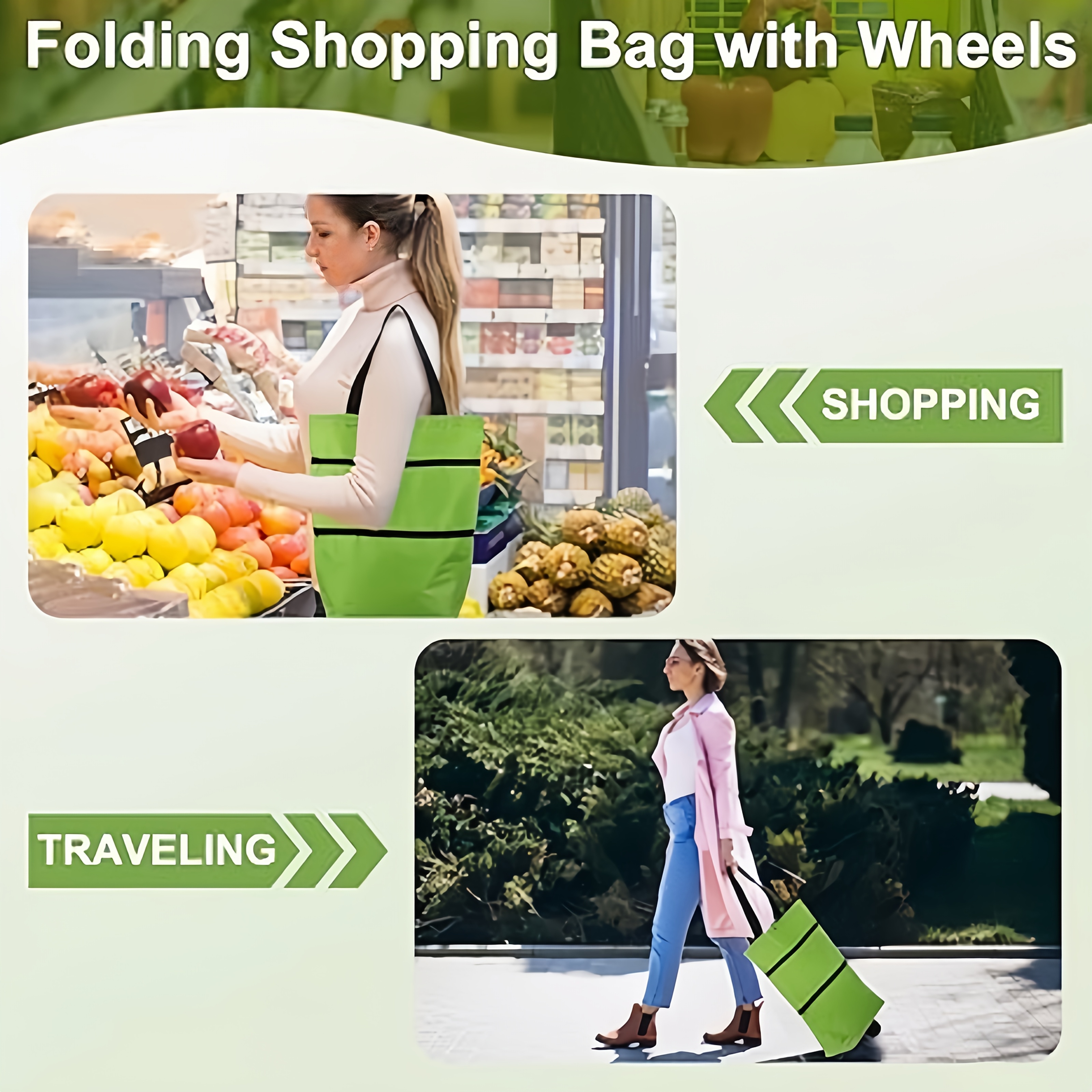 

Foldable Pvc Shopping Cart: 2-in-1 Portable Hand-held Collapsible Bag With Wheels - Suitable For Camping And Hiking