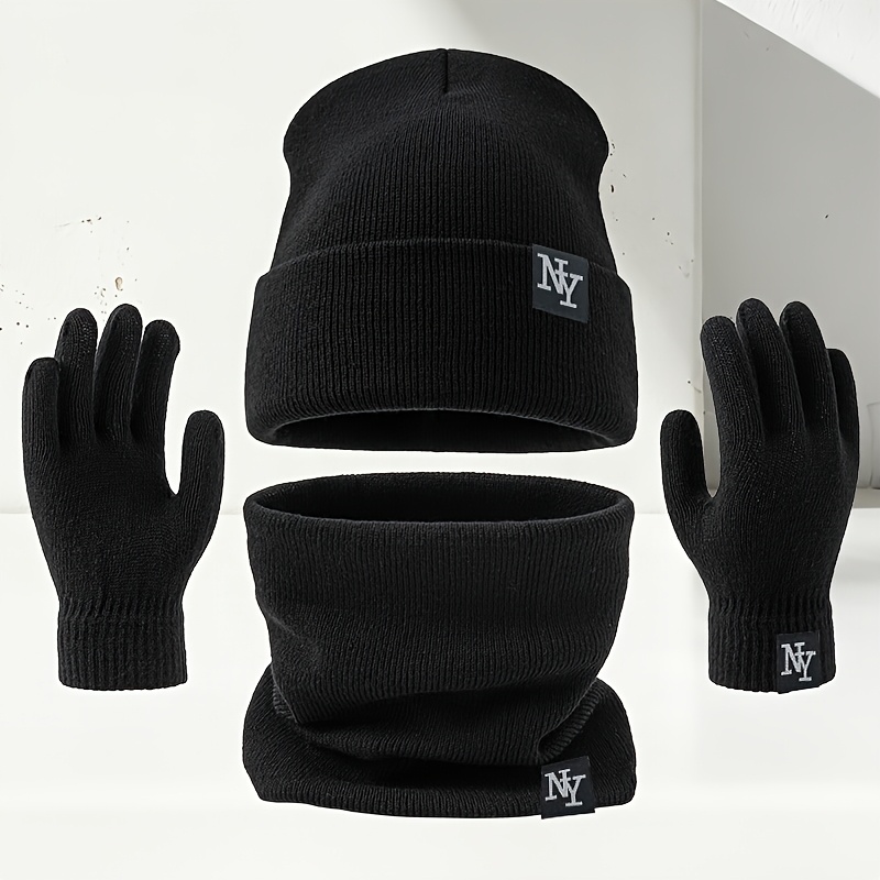 TEMU Set invernale da 3 pezzi per con logo NY: cappello, sciarpa e guanti in maglia, set unisex conveniente, cappello, sciarpa e guanti in maglia