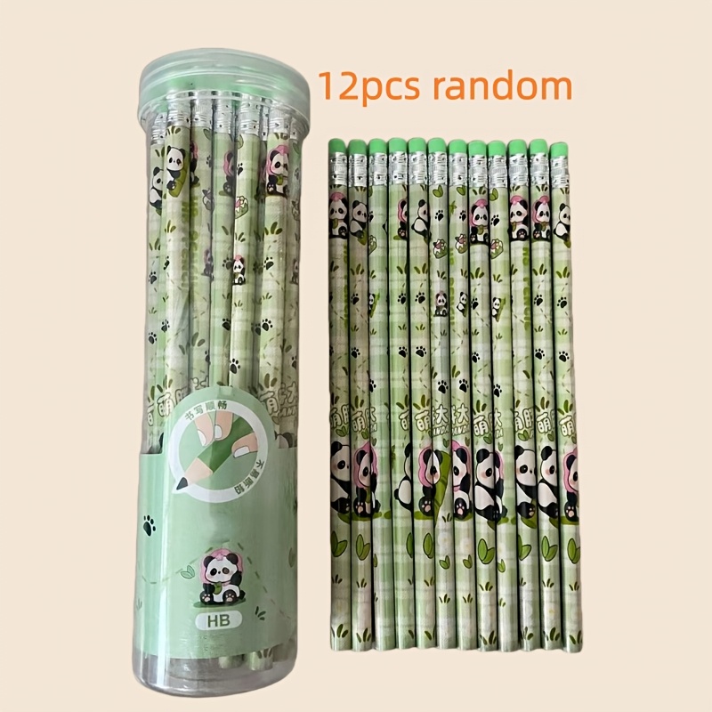 Image of Random12 Adorable Panda-themed Wooden Pencils - Exquisite Panda And Bamboo Designs, Includes Eraser And Sketching Tool, Perfect For Office Settings, Drawing, And Artistic Creation. !