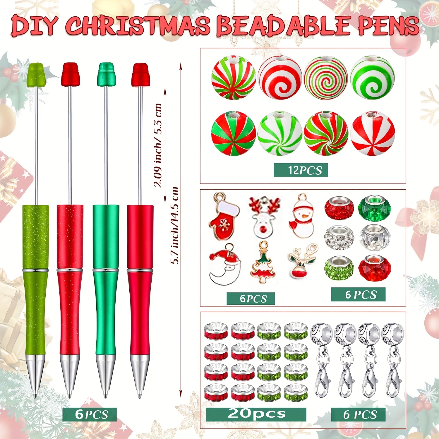 Image of 56 Christmas Bead Pens Set, Snowman, Santa Claus, Ballpoint Pen, Black Ink, Student Teacher, School Homemade, School Office, Christmas Party Gift