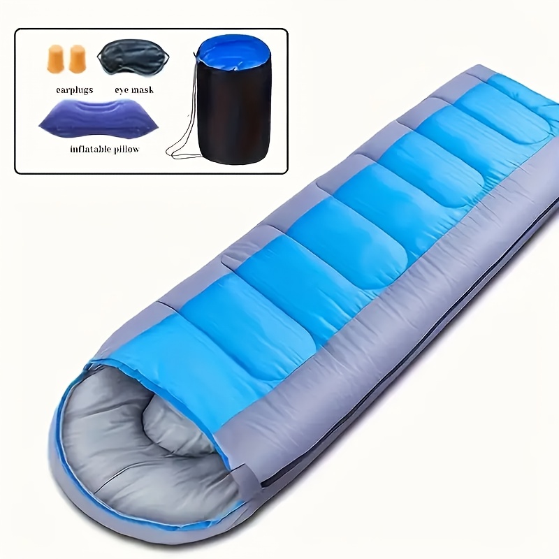 

Sac de couchage gonflable avec capuche, isolation en fibre synthétique ultra-chaleureuse pour l'hiver, tissu microfibre imperméable, un masque pour et des bouchons d'oreilles pour le camping en