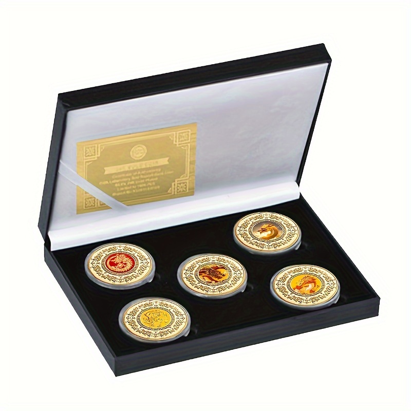 

5pcs Chinese Dragon Commemorative Coins In Black Gift Box With Coa Year Of The Dragon Gifts