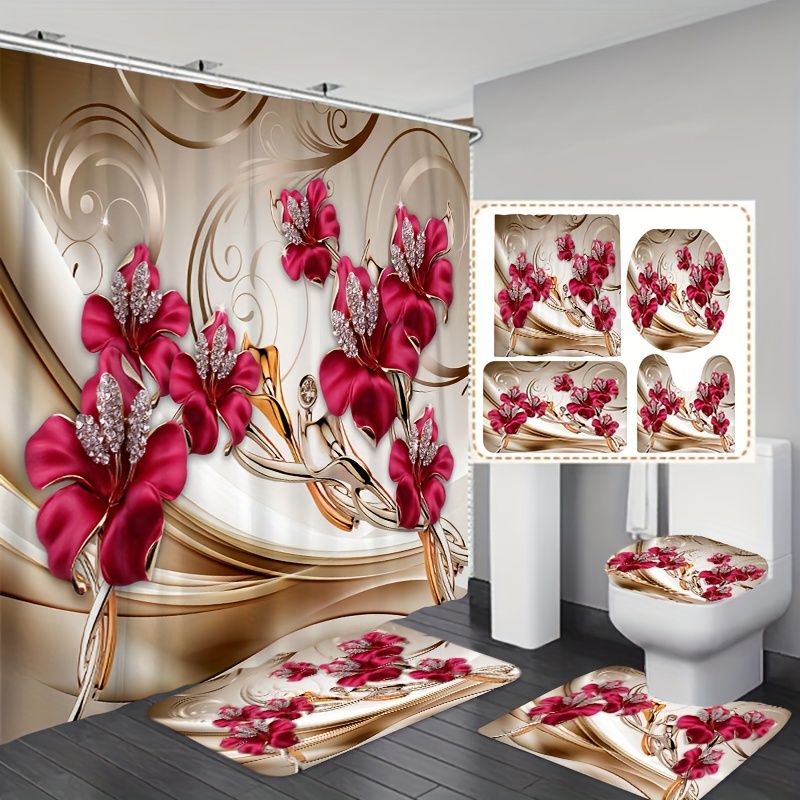 

1/3/4pcs Diamond Floral Pattern Shower Curtain Set, Waterproof Bathroom Partition Curtain With Hooks, Non-slip Bath Rug, Toilet U-shape Mat, Toilet Lid Cover Mat, Bathroom Accessories