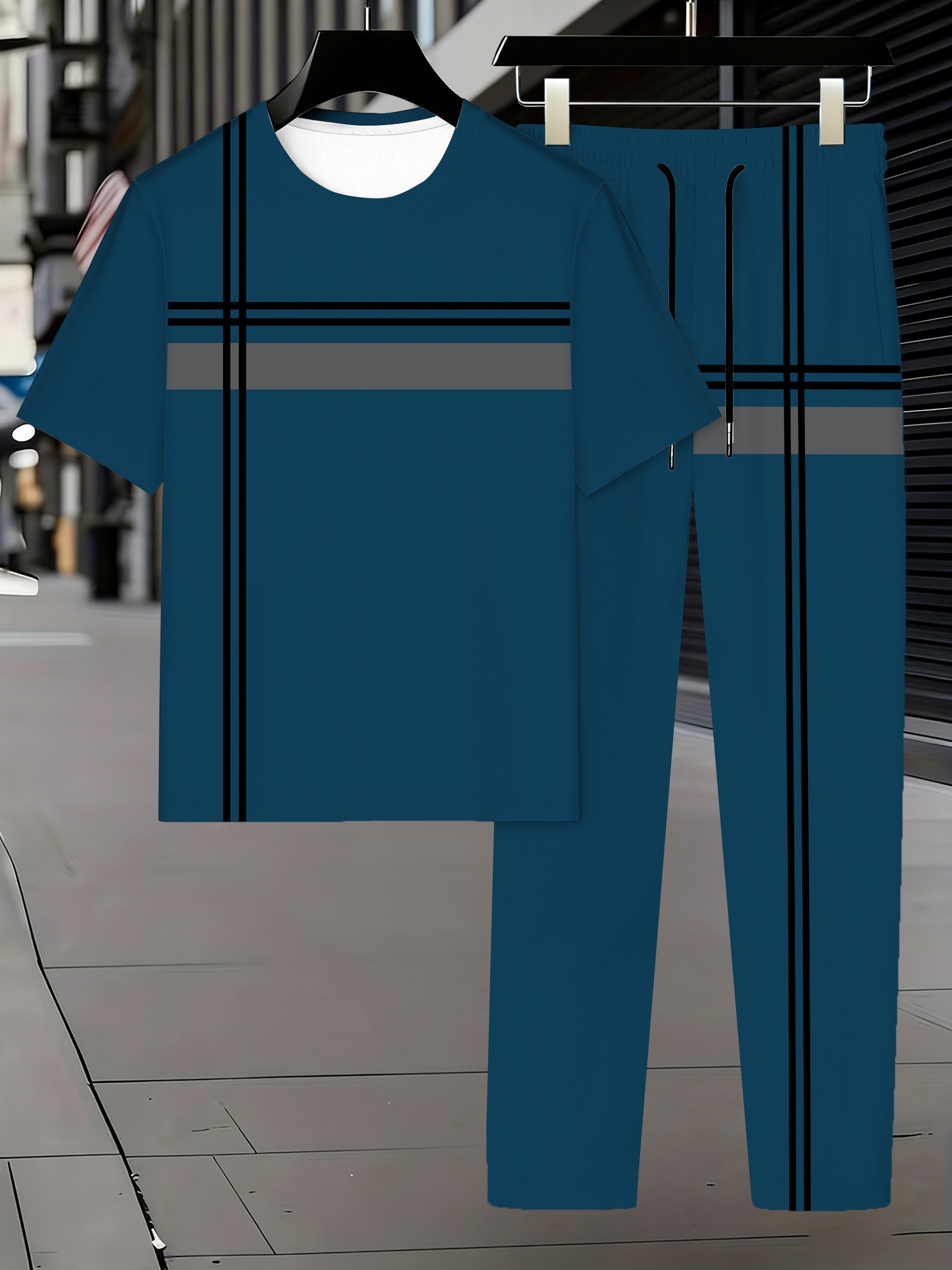 Men's Fashion Vintage Short-Sleeve Crew Neck T-Shirt And Long Pants Set, Featuring 3D Print Design, Elegant Casual Crew Neckline, Slightly Stretchy Knit Fabric, Suitable for Spring And Summer, Indoor And Outdoor Wear.