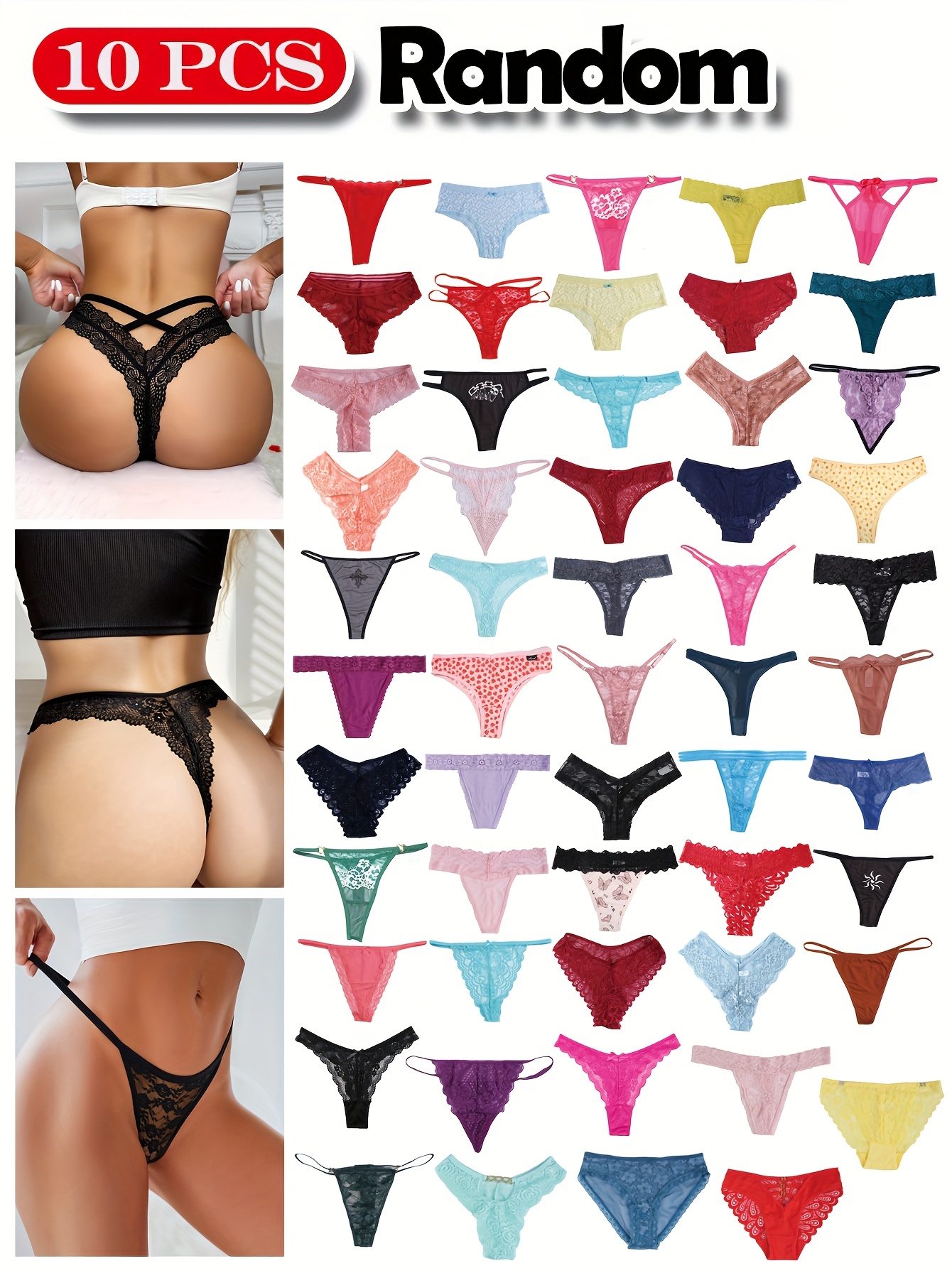 10pcs Randomly Mixed with Women's Thongs, Sexy Low Waisted Lace Underwear, Multiple Colors Mixed Randomly Shipped, Soft, Comfortable And Breathable, Suitable for Daily And Special Occasions