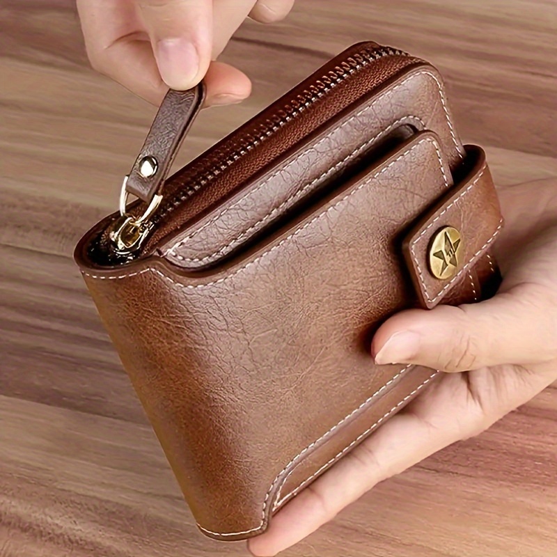 

1pc Elegant Vintage Men's Leather Wallet, Zipper And Button Closure, Multiple Card Slots, And Fashionable