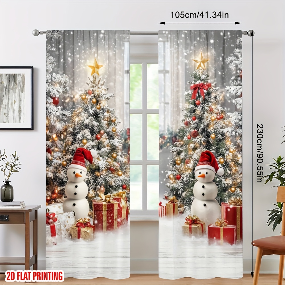 TEMU 2d Flat, 2d Flat Printing 2pcs Christmas Curtains Winter Christmas Snowman Christmas Tree Snowflake Suitable For Bedroom Living Room Dining Room