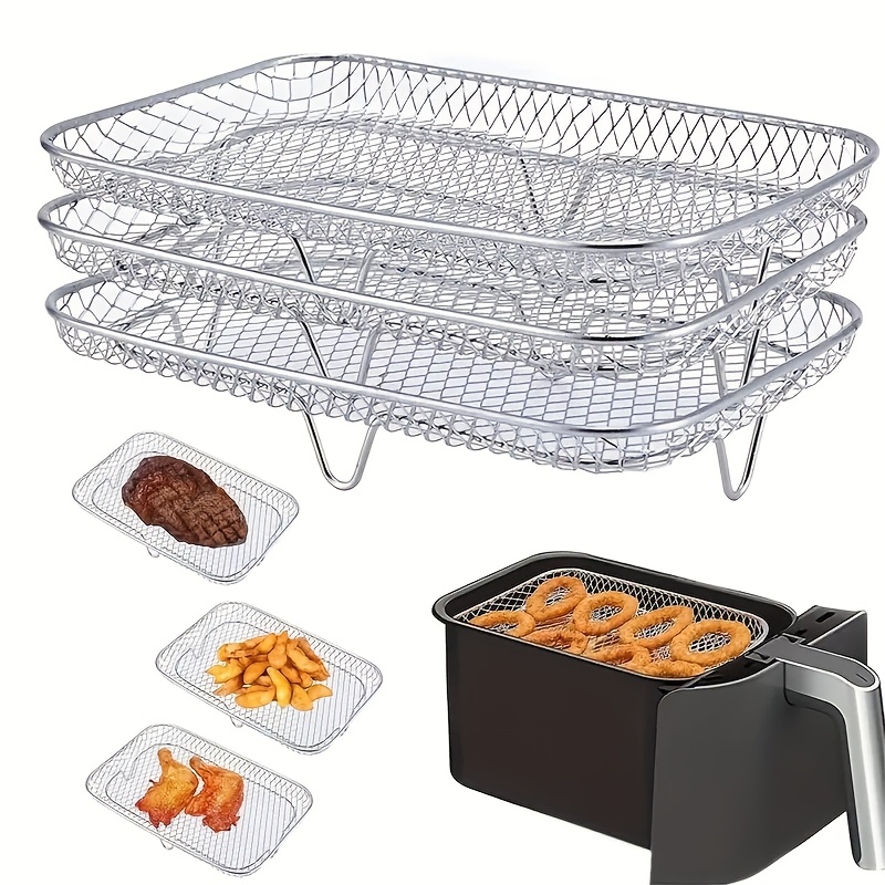 

3pcs Stainless Steel Air Fryer Accessory Set - Multifunctional Rectangular Rack, Microwave Safe, Stackable & - Compatible With Most Air Fryers, Air Fryer Liners