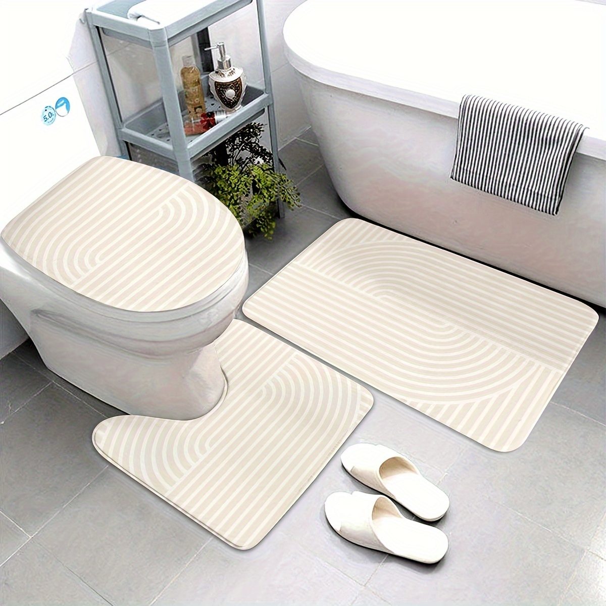 TEMU Ensemble de tapis de bain de style nordique - Antidérapants, lavables, pour et à coucher - un tapis de bain, un tapis de contour et un couvercle