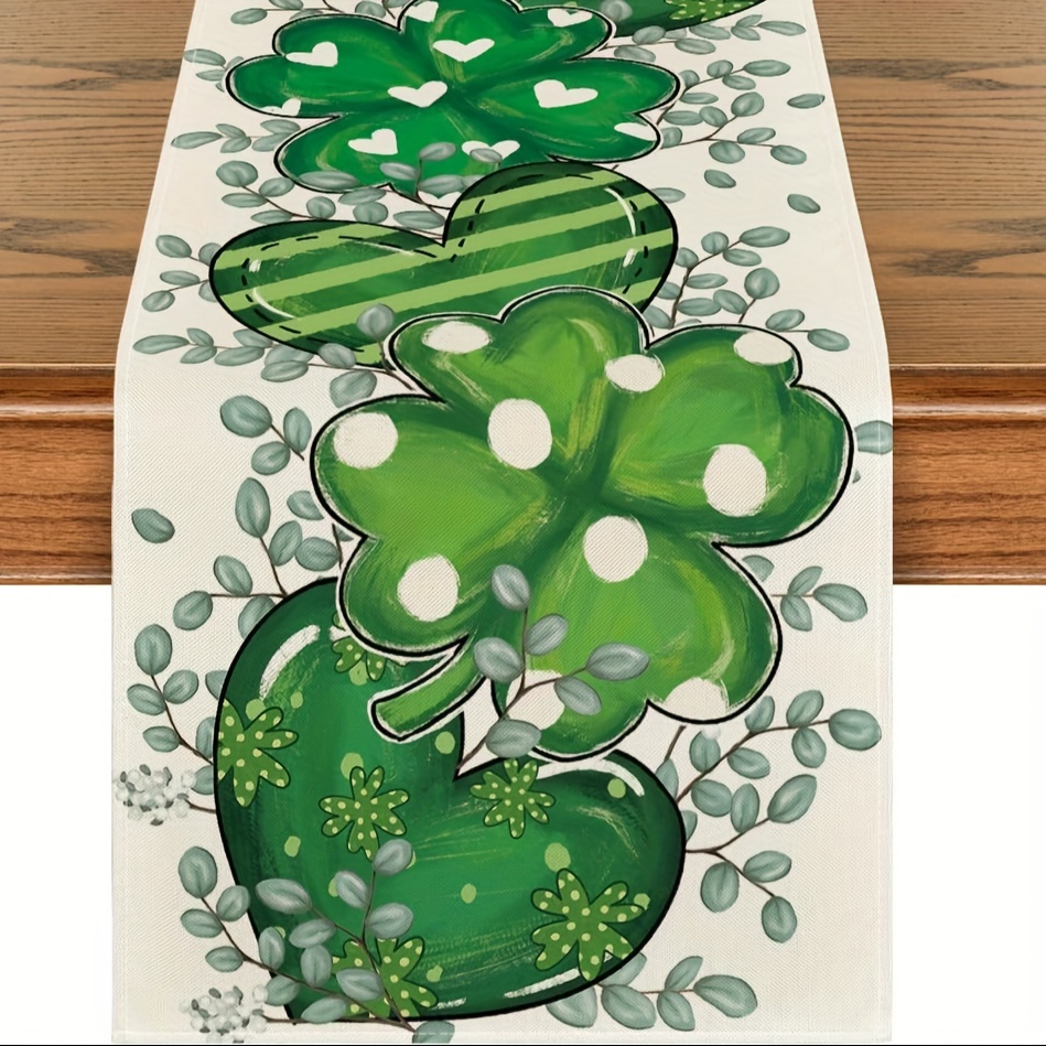 

's Day Linen Table Runner - Shamrock & Eucalyptus , Spring Seasonal Home & Party Decor