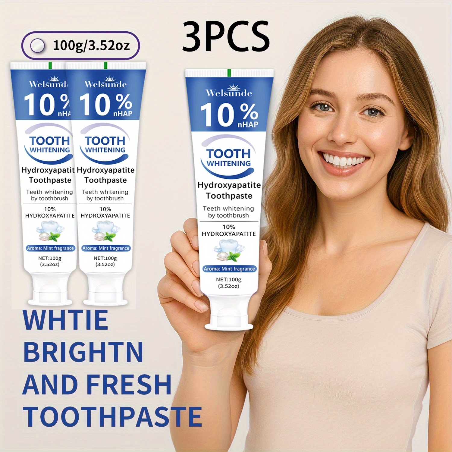 3pcs Hydroxyapatite toothpaste - Hydroxyapatite toothpaste, 10% hydroxyapatite tooth, peppermint essential oil deep cleaning paste, fresh breath strengthen dental care, basic cleaning, suitable for everyone