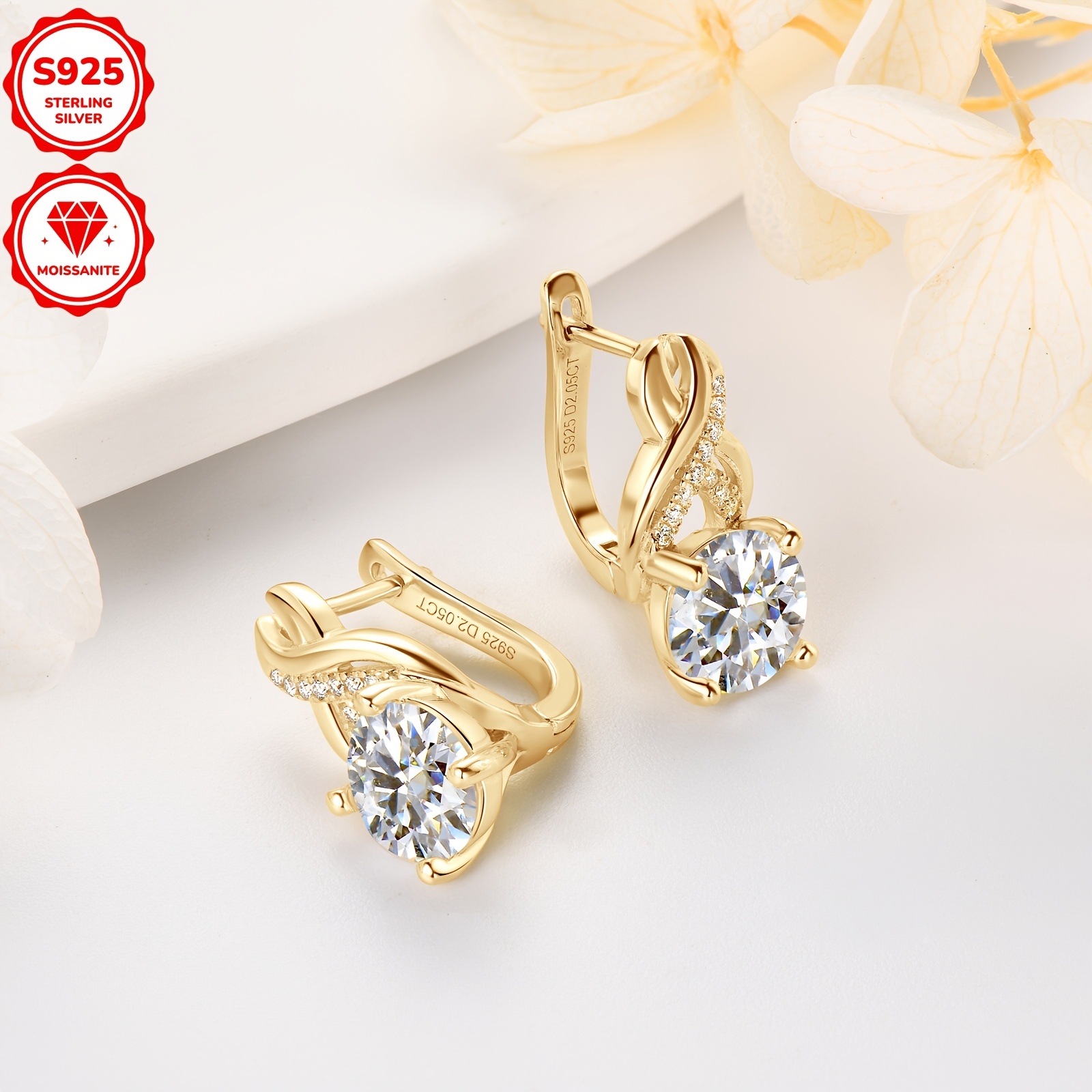 1 pair of moissanite earrings for women with   925 pure silvery 8mm round moissanite earrings for wedding and party silvery weight about 4 89g main stone moissanite 8mm 2 total moissanite carat 2ct 2ct 4ct pair secondary stone is zirconia details 7