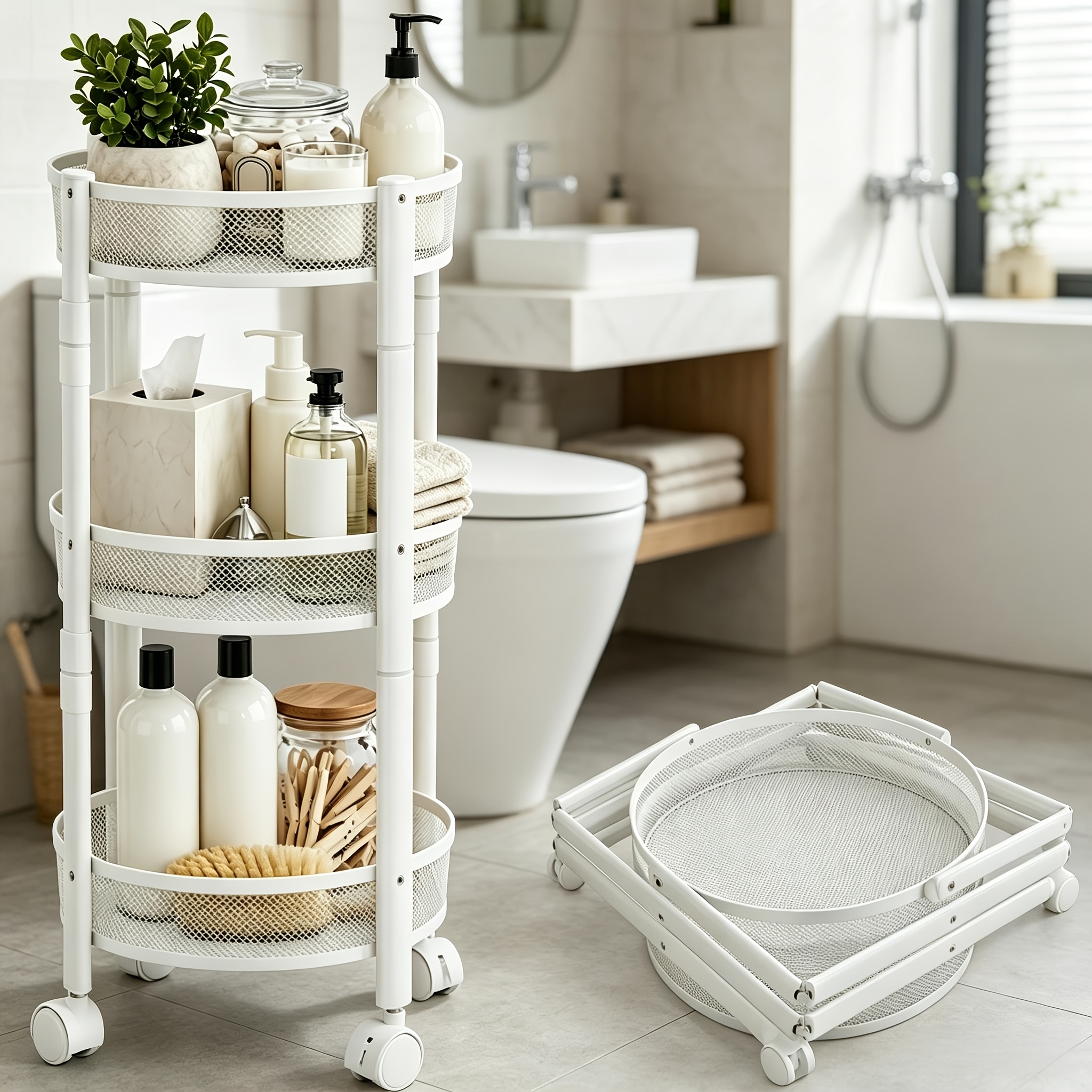 TEMU Pokepic, 5-tier Round 360° Rotating Storage Cart, No Assembly Mobile Organizer, Space Saving Floor Standing Storage Basket, Rolling Bin For