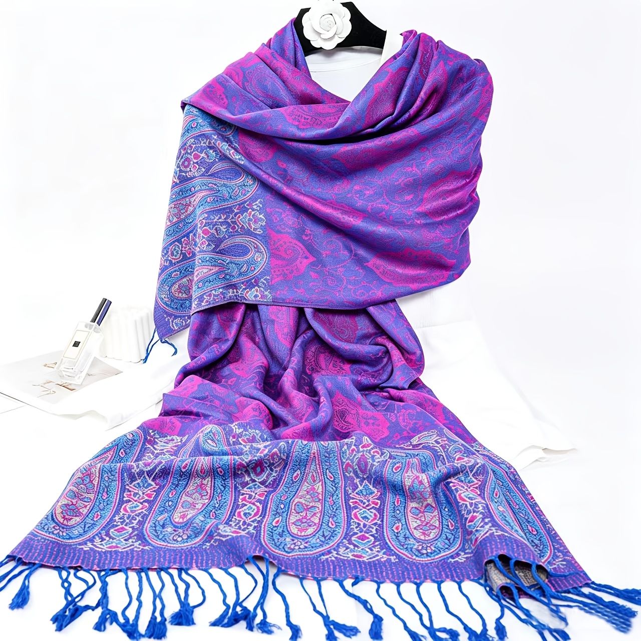TEMU Elegante chal estampado con borlas , bufanda extragrande para mujer, adecuada para fiestas en , habitaciones con aire acondicionado y para