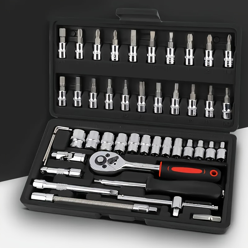 

46pcs Ratchet Wrench Set With Sockets, 1/4 Inch Metric, Extension Rod, Steel Plated, Pre-assembled, Storage Box For Car Repair And Home Use