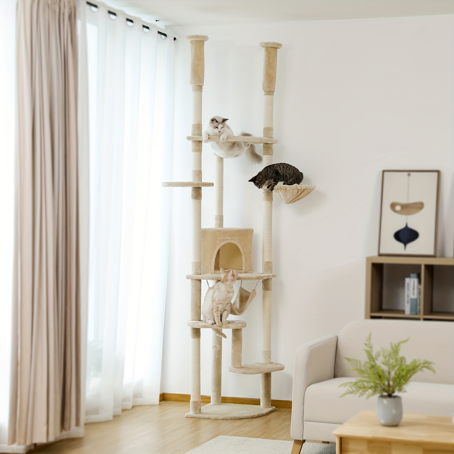 Image of Road Floor To Ceiling Cat Tree 236 Cm-258 Cm Height Adjustable Cat Tower Tall Kitty Climbing Play House With Scratching Posts, Cozy Condo, Perches And Large Hammock For Indoor Cats