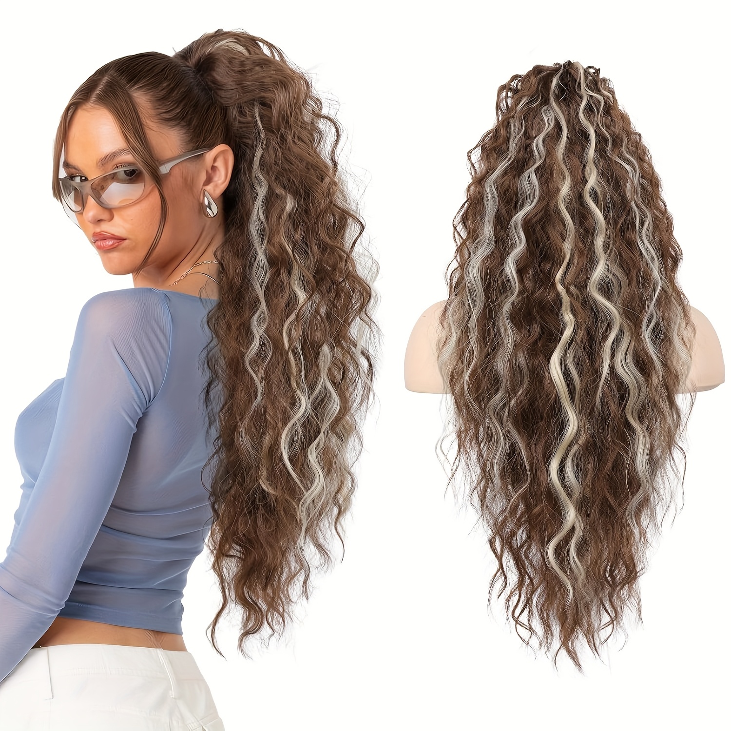 28 inch lightweight curly wave clip in hair extension multi layered synthetic hair for   ponytails chocolate brown unisex all   ponytail hair extensions versatile hairpiece multilayered texture easy application hairpiece details 2