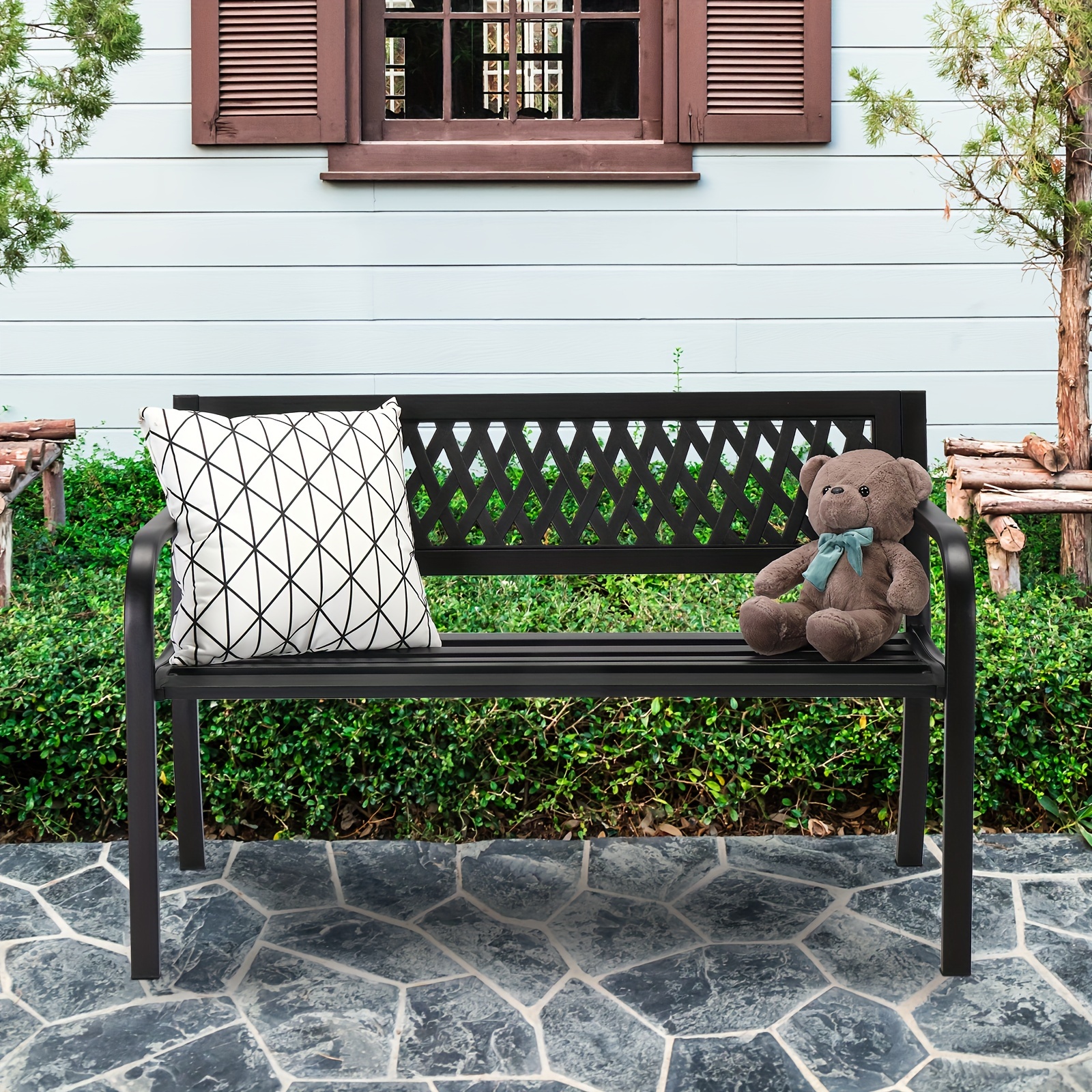 

47in Pvc Mesh Backrest Iron Bench Black Autumn Fall Maple Harvest Thanksgiving Christmas Crow Decorations