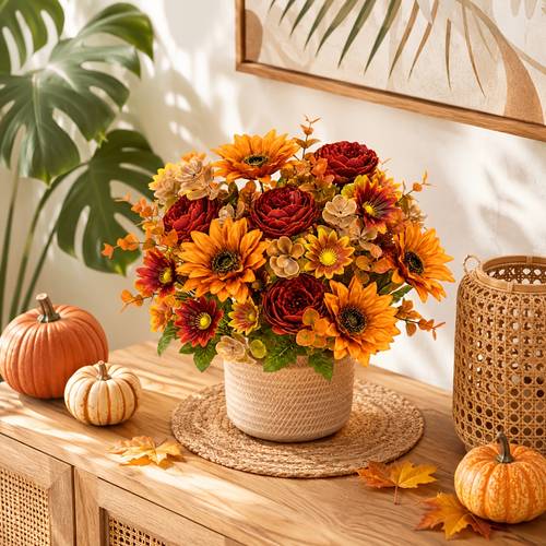 8pcs autumn warm mixed artificial bouquet sunflower sunflowers burgundy roses peony red orange small daisies small flowers combination thanksgiving autumn home decoration bouquet