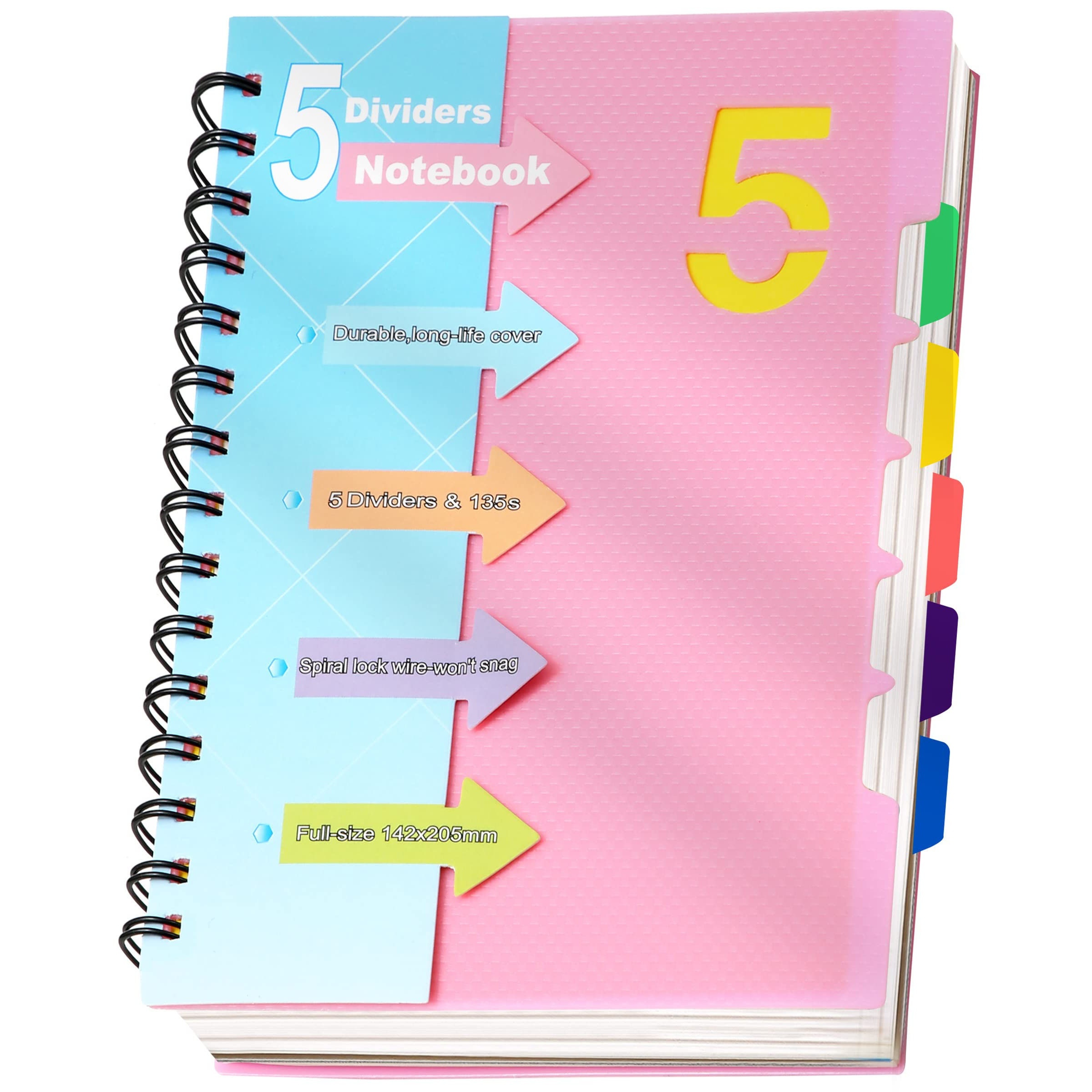 

Cahier à spirale A5 de 5 sujets avec séparateurs, 220 pages, papier à règle collégiale mate, couverture durable, onglets indexés, polyvalent pour les notes et les cours