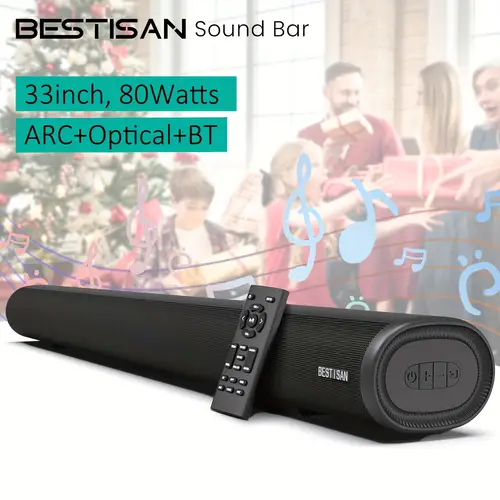 sound bar 80 watts 33 5 inch sound bars for smart tv home theater system with bt 5 0 3 eqs bass adjustable arc optical coaxial aux usb connection for gaming pc projectors