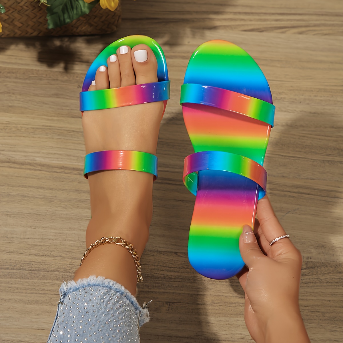 

Sandales plates d'été pour femmes, imprimé coloré, bout ouvert, chaussures à bride cheville, sandales légères pour la plage