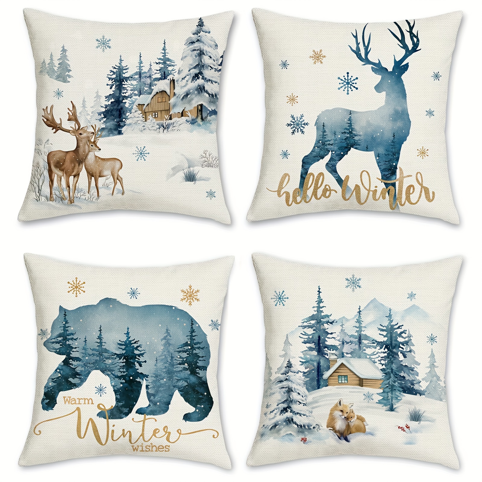 

4pcs Set Reindeer Throw Pillow Covers - 18x18 Inch, Bear & Design, Zip Closure, Machine Washable, Polyester - Living Room, Bedroom, And Car Decor (inserts Not Included)