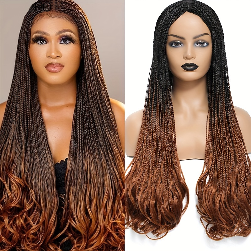 elegant full lace box braided wigs for women 26 inch goddess braids with curly ends high temperature fiber glueless long braided lace wig suitable for all