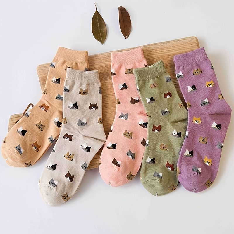 TEMU 5 Pairs Of Women's Socks Featuring Cute Cat Designs, Retro Cartoon Cat Faces
