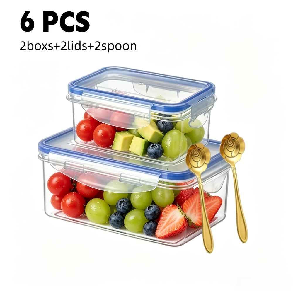 TEMU 6pcs (2 Boxes And 2 Lids And 2 Spoons) Heavy-duty Transparent Stackable Food Storage Containers With Lids - Microwave And Freezer Safe,
