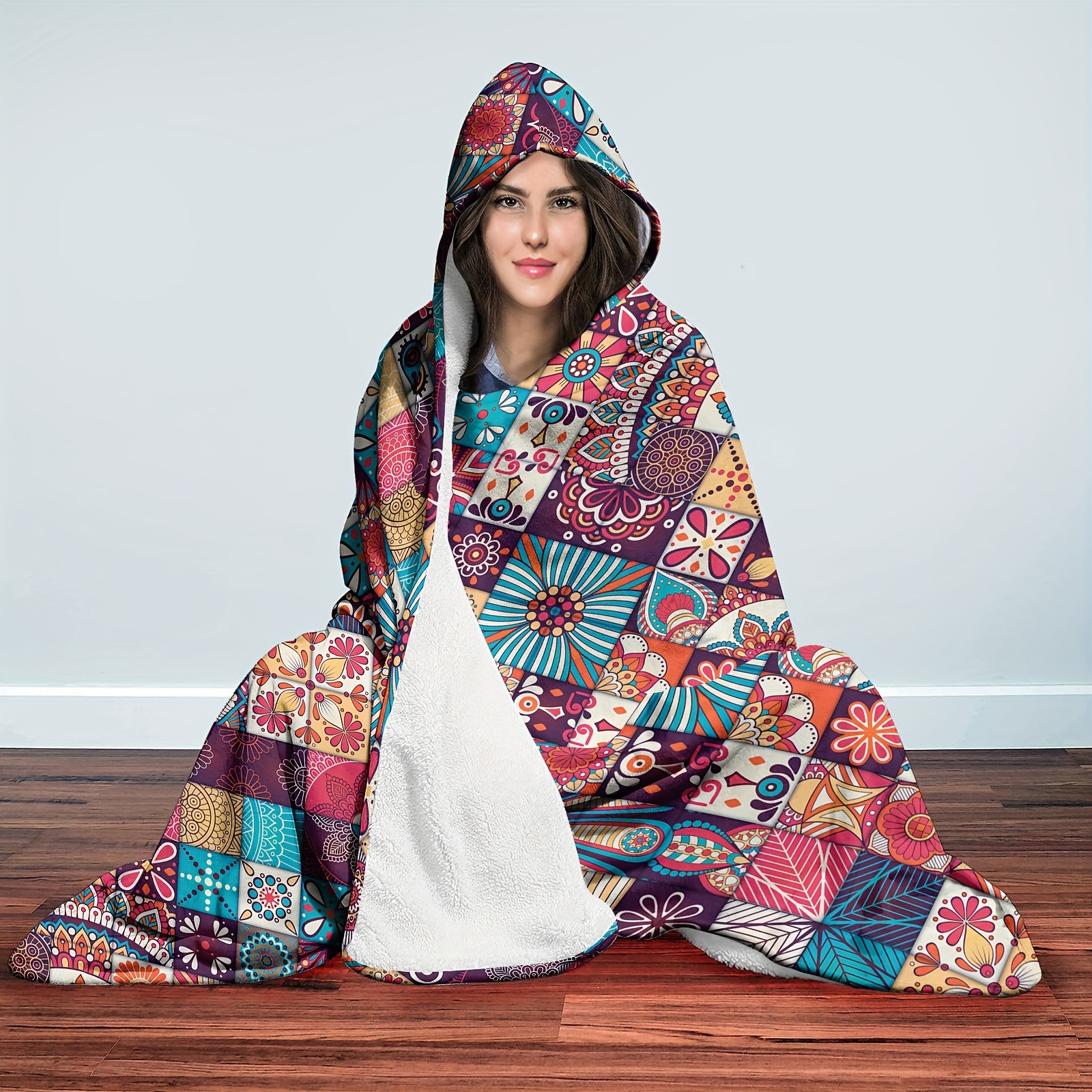 TEMU Lounger's , Cozy Geometric Hooded Blanket - Thick, Soft Flannel Wearable Cape For Sofa, Office, Bed & Travel, Magic Blanket, Nap Wearable,