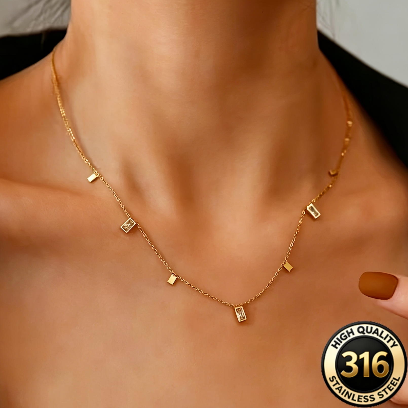 Elegant Square Pendant Necklace with Synthetic Zirconia