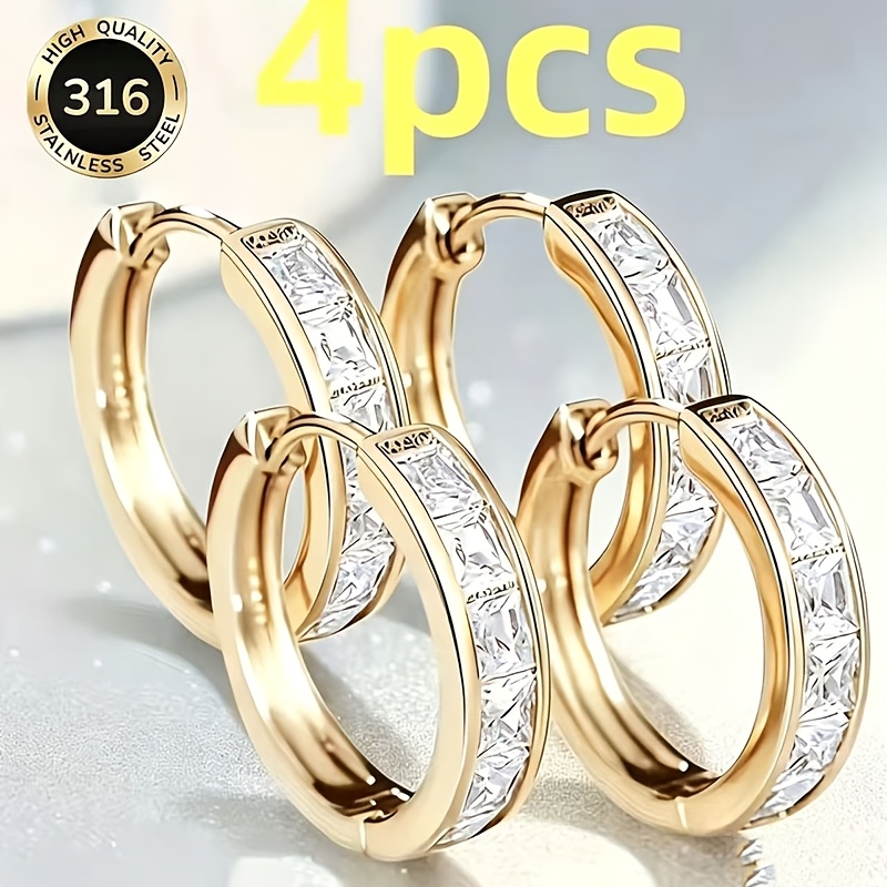 TEMU 4pcs Aretes de Circonita para Mujer Chapados en Oro - Estilo Lujoso y Exquisito con Cierre, Joyería Versátil para Todas , Opción Ideal para Uso