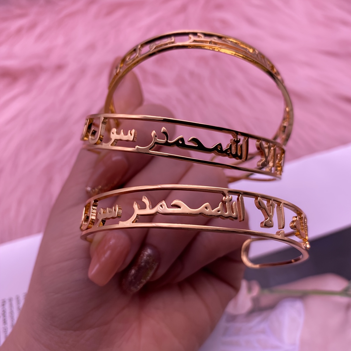 Stylish Open Bracelet with Personalized Arabic Names, Stainless Steel