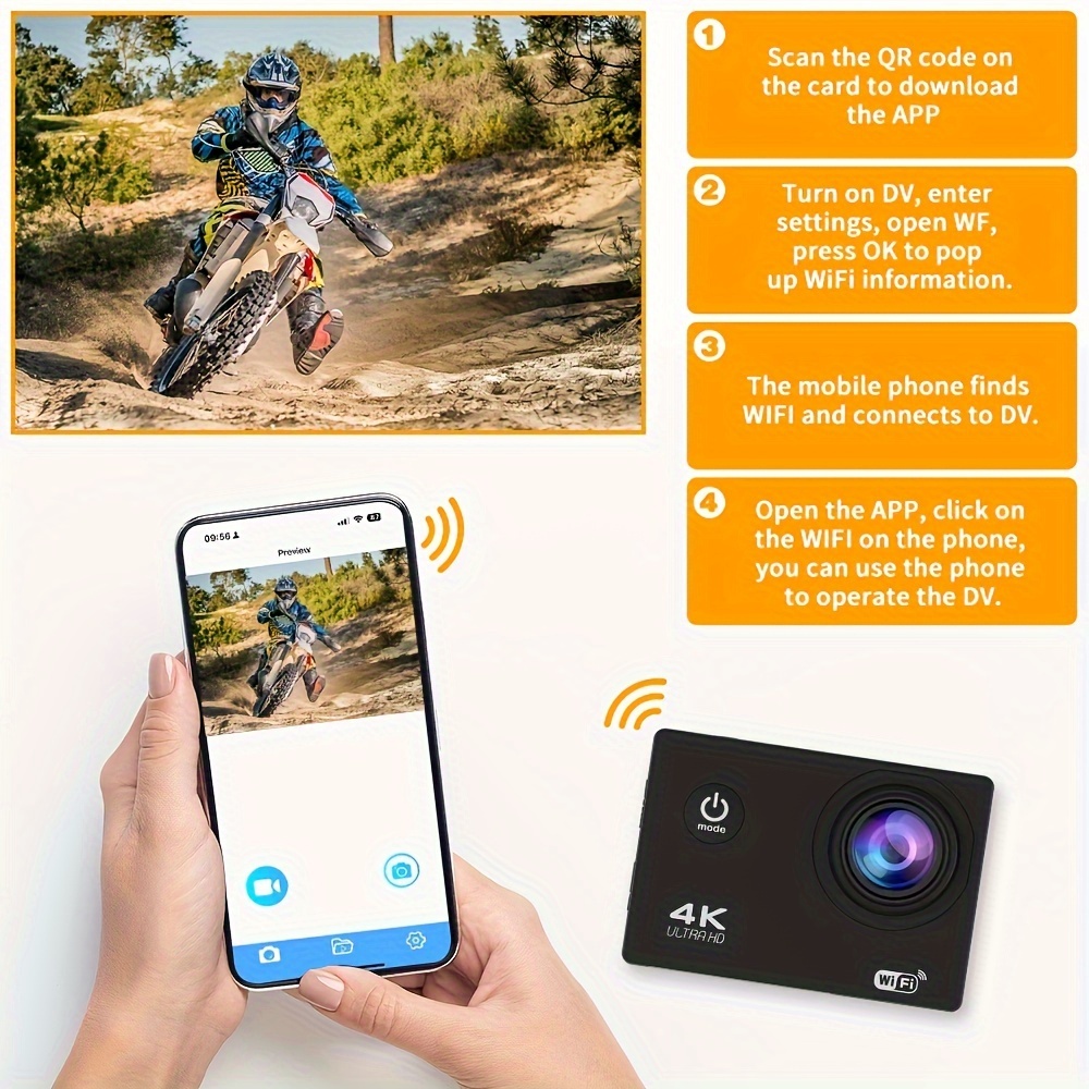 4k outdoor sports camera video resolution up to 4k30fps photo resolution 16mp 2 0 inch lcd screen with wifi 1574 8 inch 170 degree fisheye wide angle lens 900mah battery support loop recording suitable for diving cycling extreme sports such as hiking and surfing helmet camera pet camera sports camera