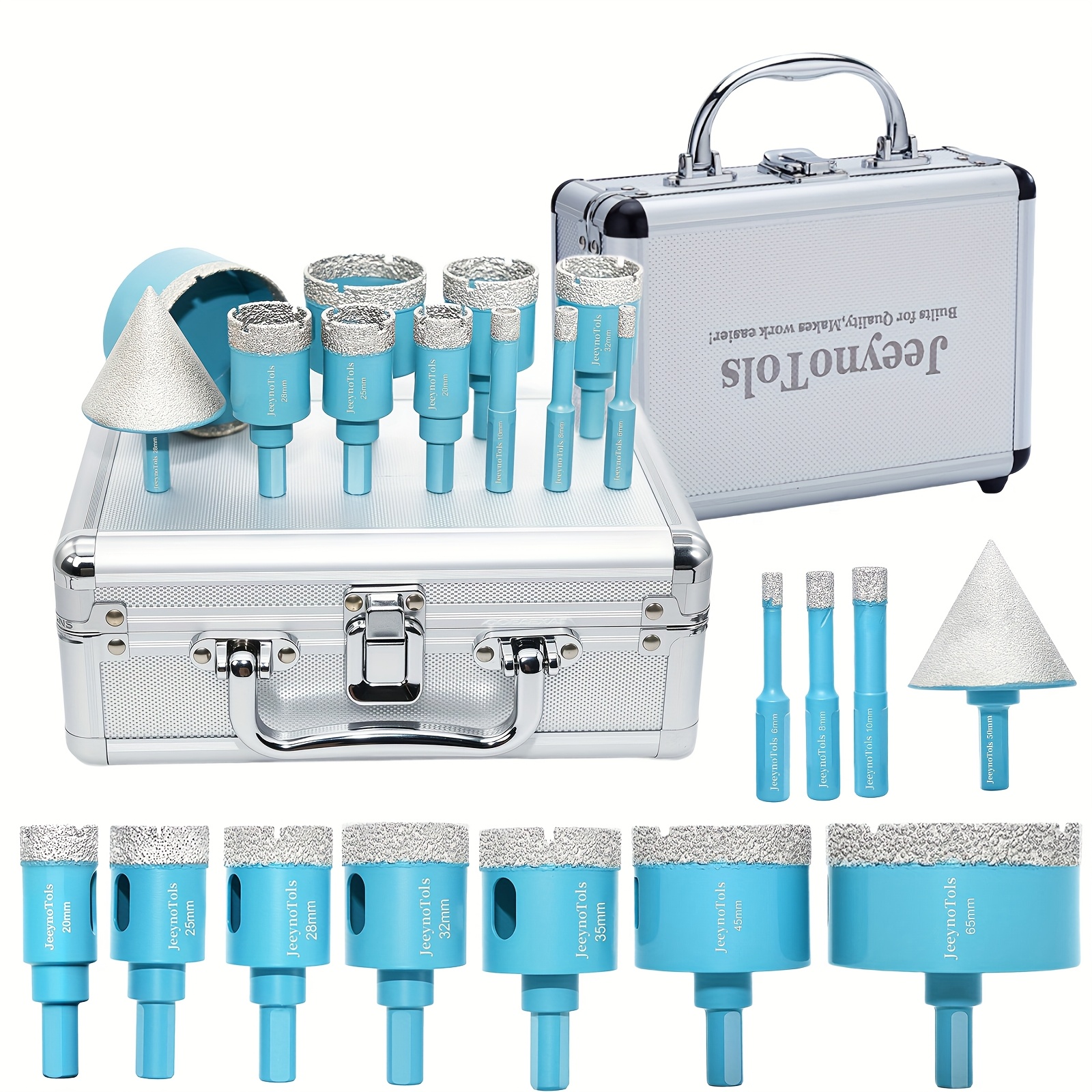 TEMU Jeeynotols Daily Dry Diamond Tile Bit Set, 11pcs 6/8/10/20/25/28/32/35/45/65mm Core Drill Bits, Shank & 50mm Beveling Chamfer Bit For Ceramic