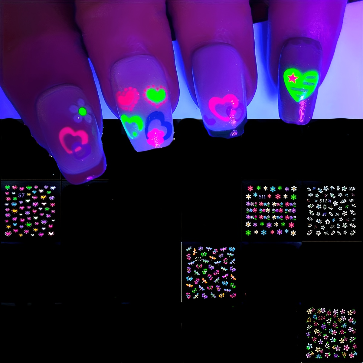 5 Sheets Random Style 3d Glow In The Dark Neon Nail Stickers - Glittery Glossy Self-adhesive Nail Art Decorations With , Love Heart, Flower Designs - Diy Nail Art Deco For Women And