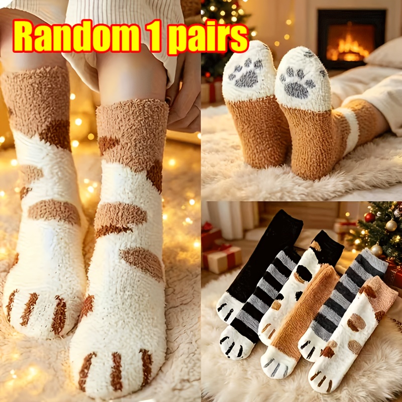 TEMU Random 1 Pair Autumn And Winter Women's Cat Paw Pattern Thickened Warm Socks, Comfortable And Breathable Coral Stripe Cute Design Floor Socks,