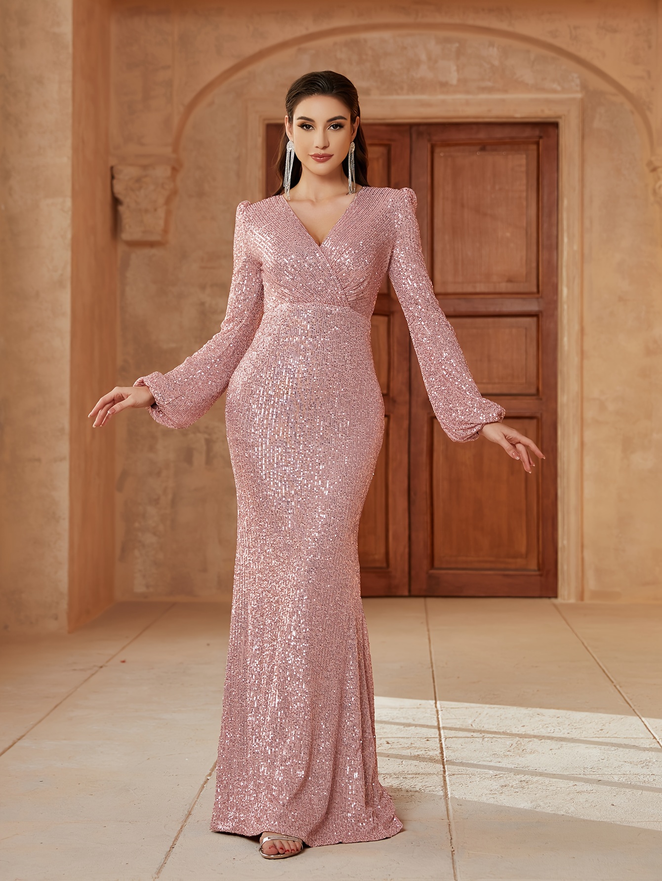sequined surplice neck bodycon dress elegant long sleeve