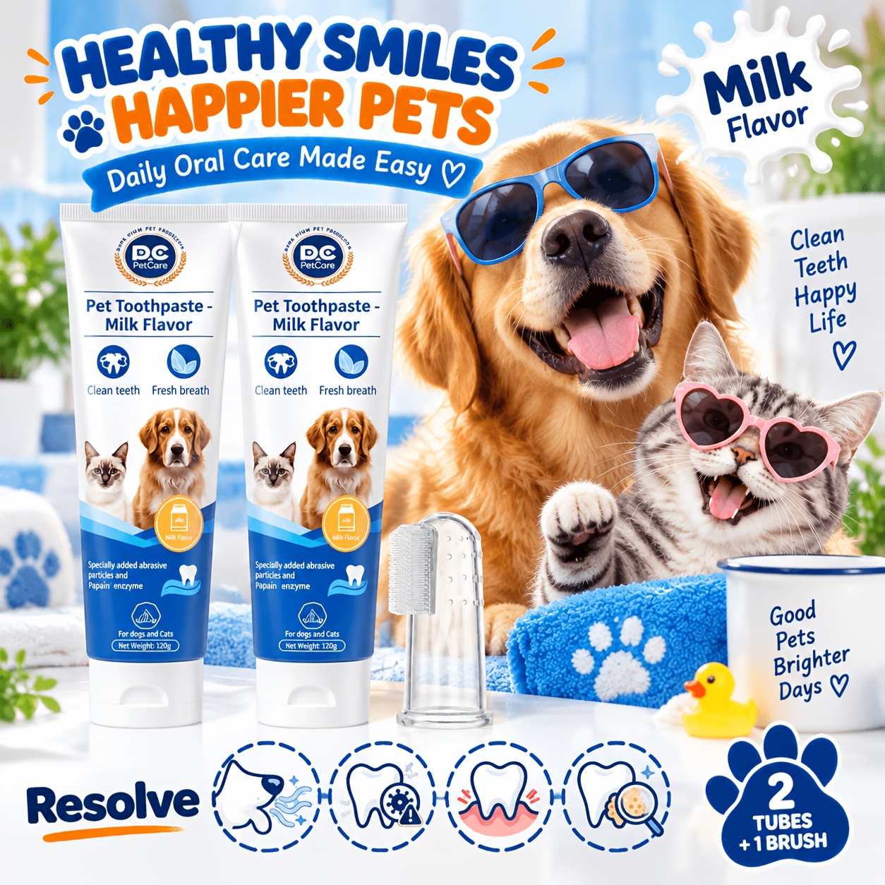 3pcs Pet Toothpaste Set - Specially Designed for Puppies And Kittens, Gently Cleans Teeth, Freshens Breath, And Protects Delicate Gums with a Mild Formula, Suitable for Safe Daily Care of Senior Pets As Well