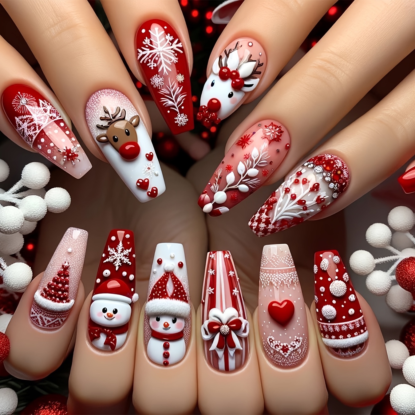 

24pcs Ballet Press-on Nails Set, Long Coffin Shape With Snowman, Snowflakes, Reindeer, Fireworks, Christmas Tree & Heart Patterns, , Color Holiday Nail Art Kit For Women