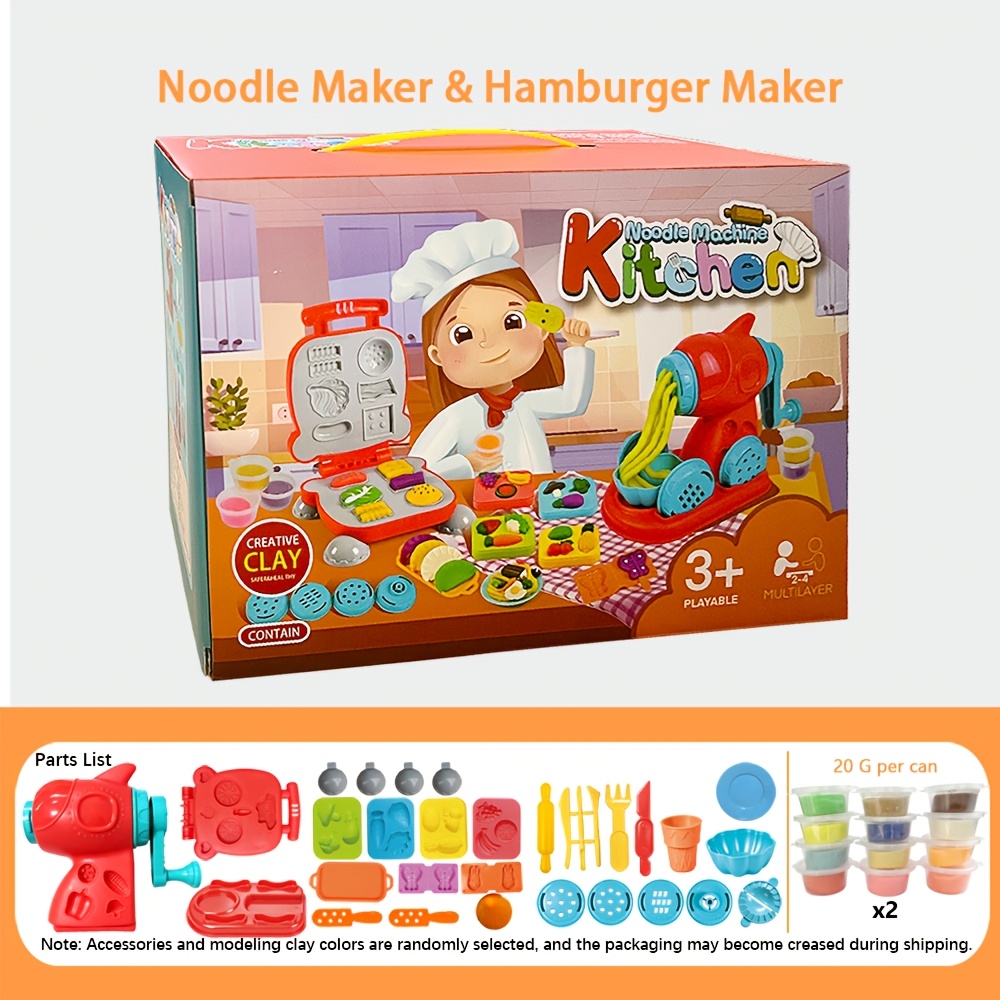 Image of Luxury Colored Clay 2-in-1 Dough Kitchen Creative Food Toy Set, Including Hamburger Pasta Maker, Shaping Tools And 24- Set, Suitable For 3-year-old Girls And Boys Art Handmade Gift