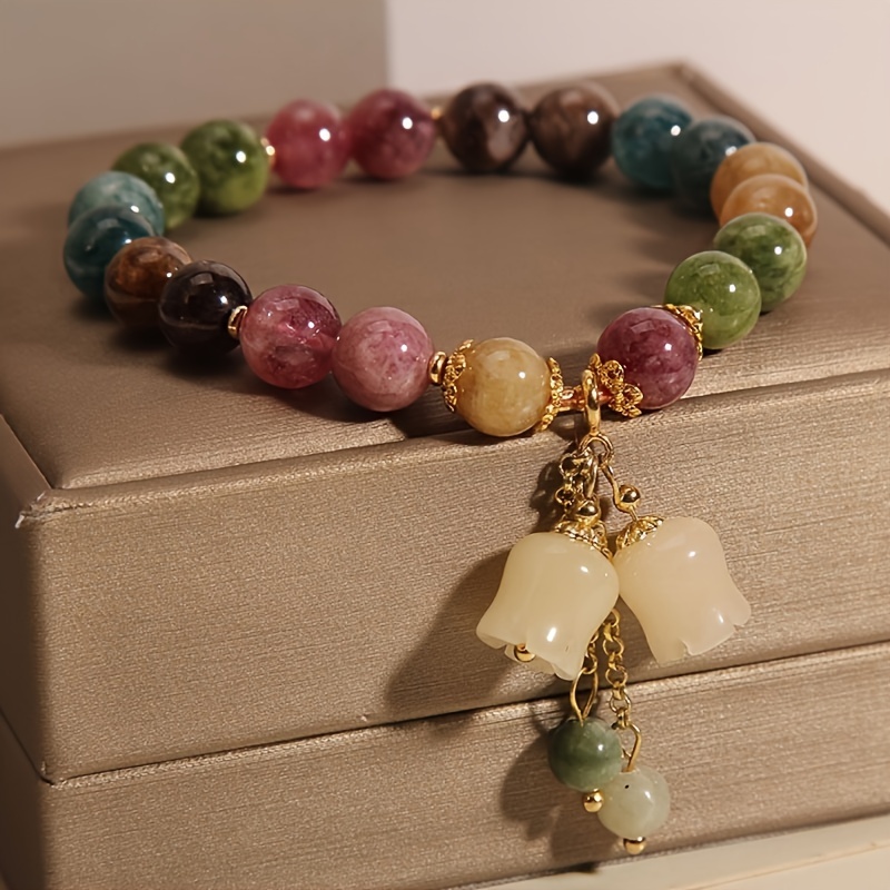 

1pc Handmade Beaded Bracelet With Random Colors - Natural Stone Multicolored Beryl Bracelet With Lily Pendant, A Gift For Girlfriend Or Best Friend